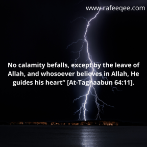 No calamity befalls, except by the leave of Allah, and whosoever believes in Allah, He guides his heart” [At-Taghaabun 64:11].